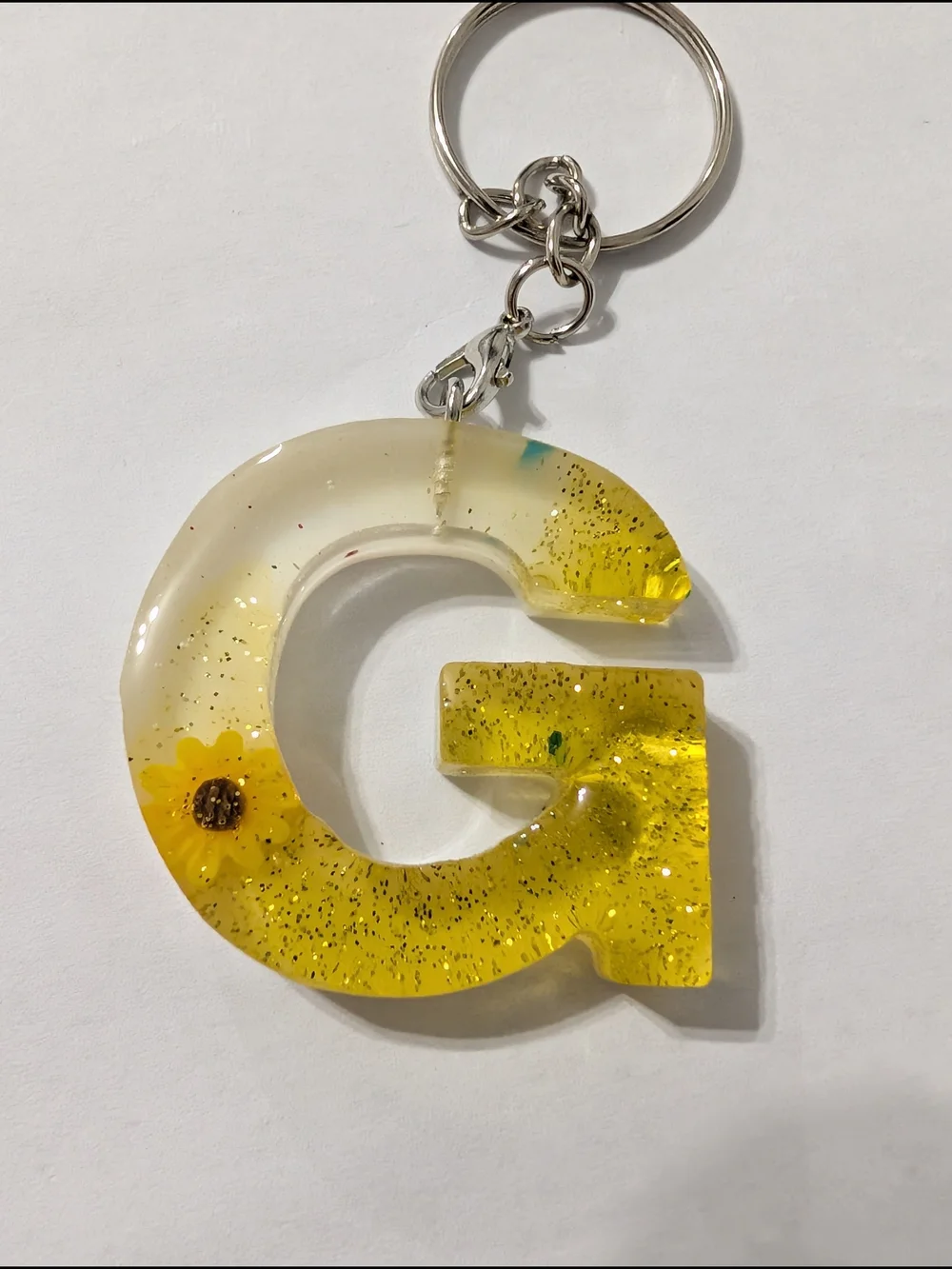 Resin Letter G Keychain - Yellow/White Floral Accent. Handmade.